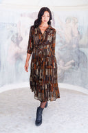 Aster Dress Shirt Collar 3/4 Sleeve Midi Length Wool (Granada Rug) - Ochra