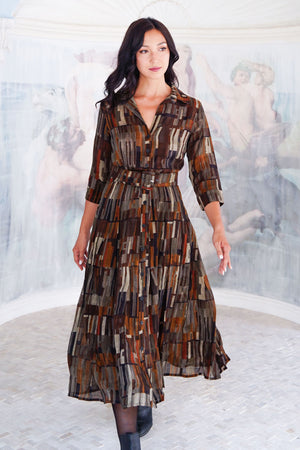 Aster Dress Shirt Collar 3/4 Sleeve Midi Length Wool (Granada Rug) - Ochra