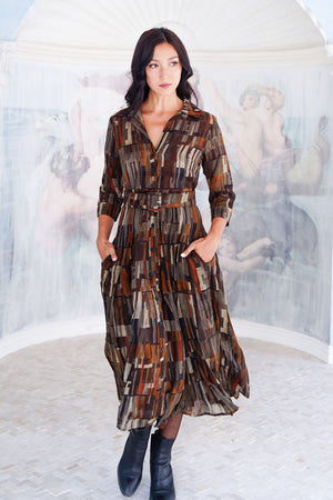 Aster Dress Shirt Collar 3/4 Sleeve Midi Length Wool (Granada Rug) - Ochra