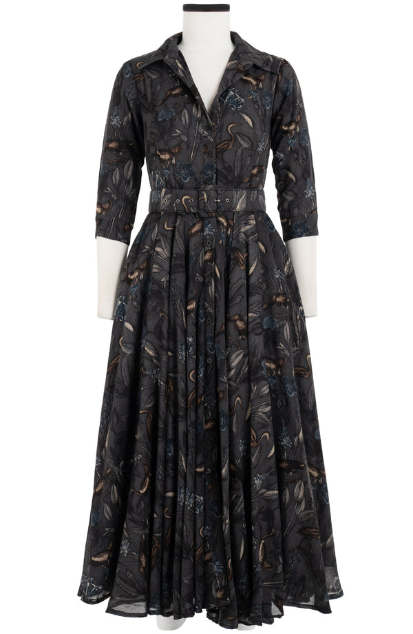 Aster Dress Shirt Collar 3/4 Sleeve Midi Plus Length Wool (Grasshouse Bird) - Grey