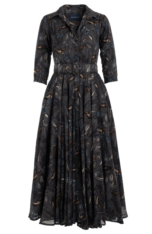 Aster Dress Shirt Collar 3/4 Sleeve Midi Plus Length Wool (Grasshouse Bird) - Grey