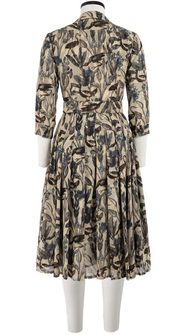 Audrey Dress #4 Shirt Collar 3/4 Sleeve Long Length Wool Musola (Grasshouse Bird Small)