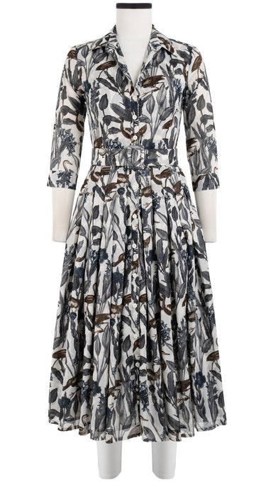 Audrey Dress #4 Shirt Collar 3/4 Sleeve Midi Length Cotton Musola (Grasshouse Bird Small)