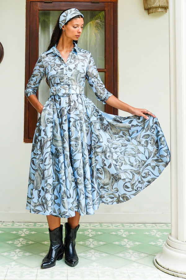 Aster Dress Shirt Collar 3/4 Sleeve Midi Plus Length Poliamide Taffta (Grey Alabaster)