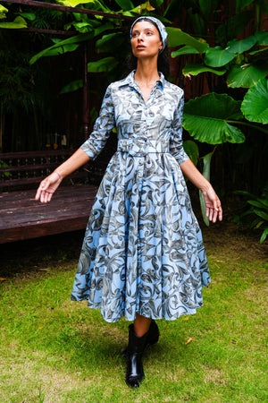 Aster Dress Shirt Collar 3/4 Sleeve Midi Plus Length Poliamide Taffta (Grey Alabaster)