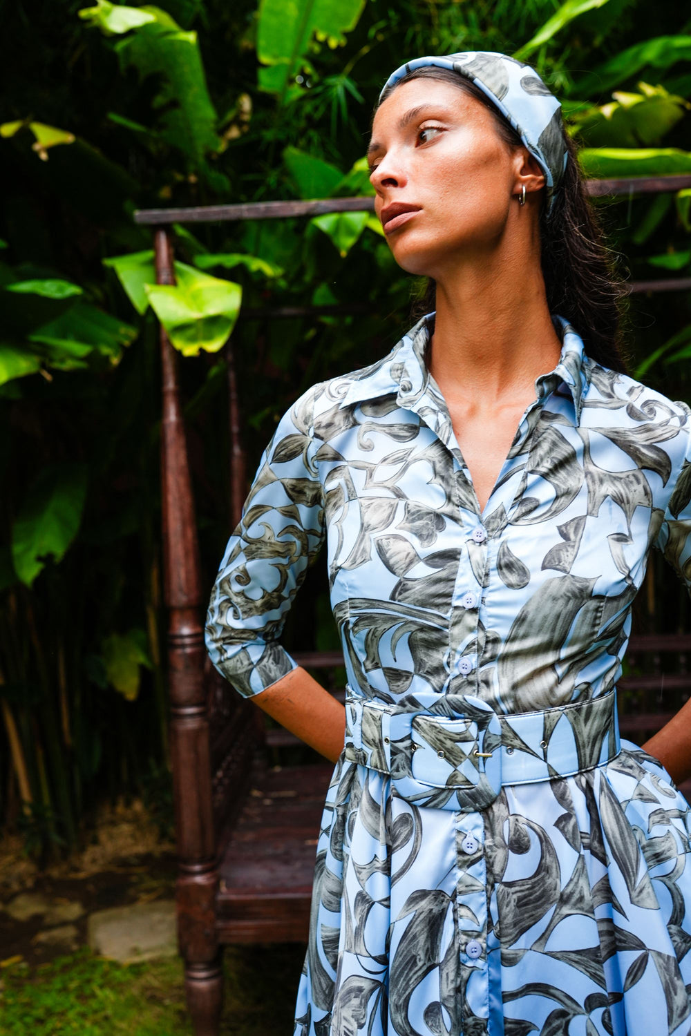 Aster Dress Shirt Collar 3/4 Sleeve Midi Plus Length Poliamide Taffta (Grey Alabaster)