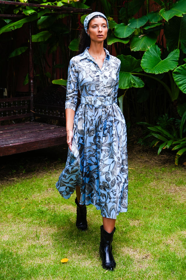 Aster Dress Shirt Collar 3/4 Sleeve Midi Plus Length Poliamide Taffta (Grey Alabaster)