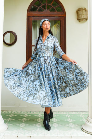 Aster Dress Shirt Collar 3/4 Sleeve Midi Plus Length Poliamide Taffta (Grey Alabaster)