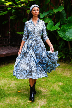 Aster Dress Shirt Collar 3/4 Sleeve Midi Plus Length Poliamide Taffta (Grey Alabaster)