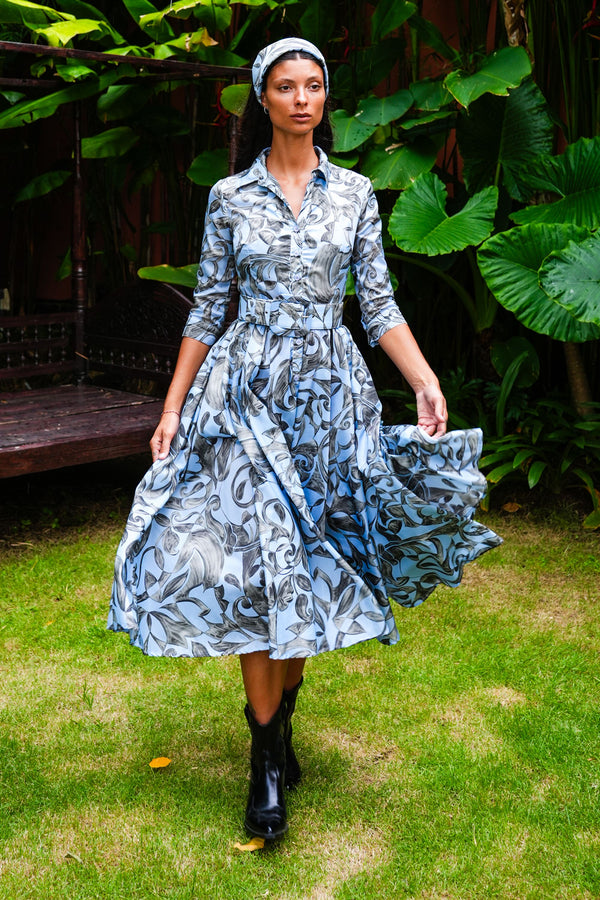 Aster Dress Shirt Collar 3/4 Sleeve Midi Plus Length Poliamide Taffta (Grey Alabaster)