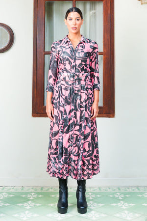 Audrey Dress #3 Shirt Collar 3/4 Sleeve Midi Plus Length Silk Velvet (Grey Alabaster)