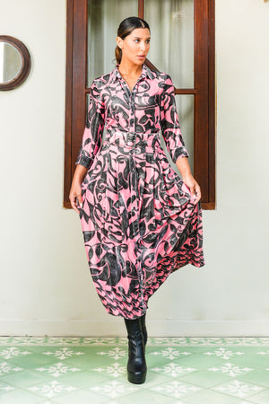 Audrey Dress #3 Shirt Collar 3/4 Sleeve Midi Plus Length Silk Velvet (Grey Alabaster)