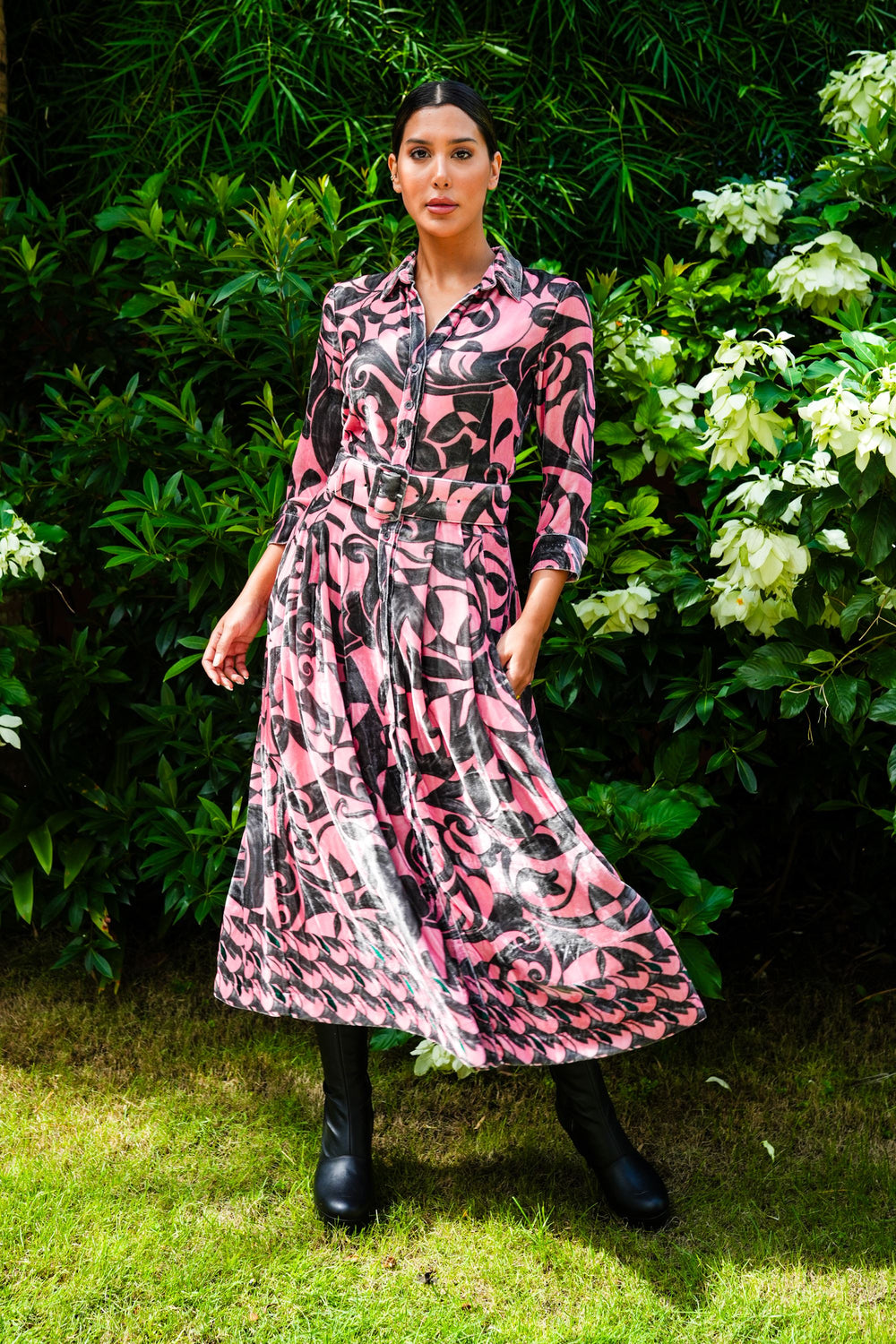 Audrey Dress #3 Shirt Collar 3/4 Sleeve Midi Plus Length Silk Velvet (Grey Alabaster)