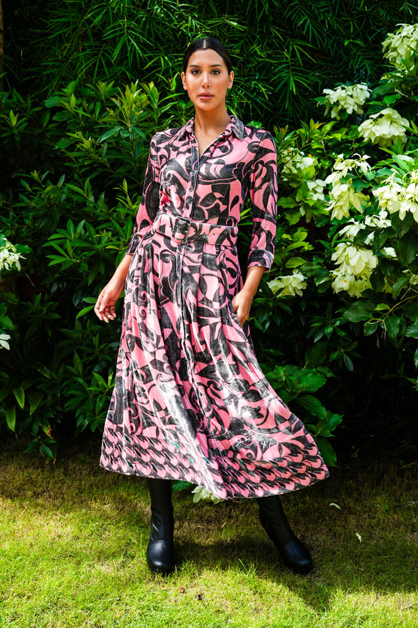 Audrey Dress #3 Shirt Collar 3/4 Sleeve Midi Plus Length Silk Velvet (Grey Alabaster)