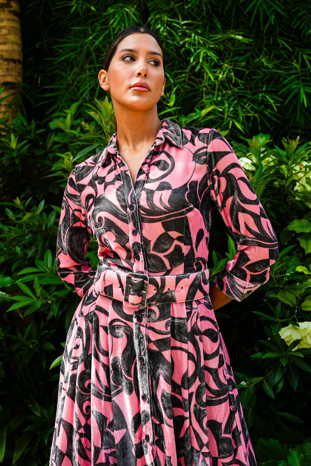 Audrey Dress #3 Shirt Collar 3/4 Sleeve Midi Plus Length Silk Velvet (Grey Alabaster)