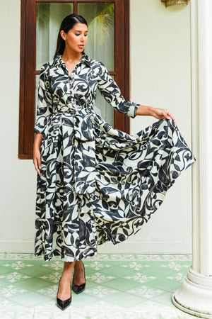 Audrey Dress #7 Shirt Collar 3/4 Sleeve Midi Plus Length Poliamide Taffta (Grey Alabaster)