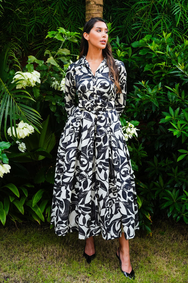 Audrey Dress #7 Shirt Collar 3/4 Sleeve Midi Plus Length Poliamide Taffta (Grey Alabaster)