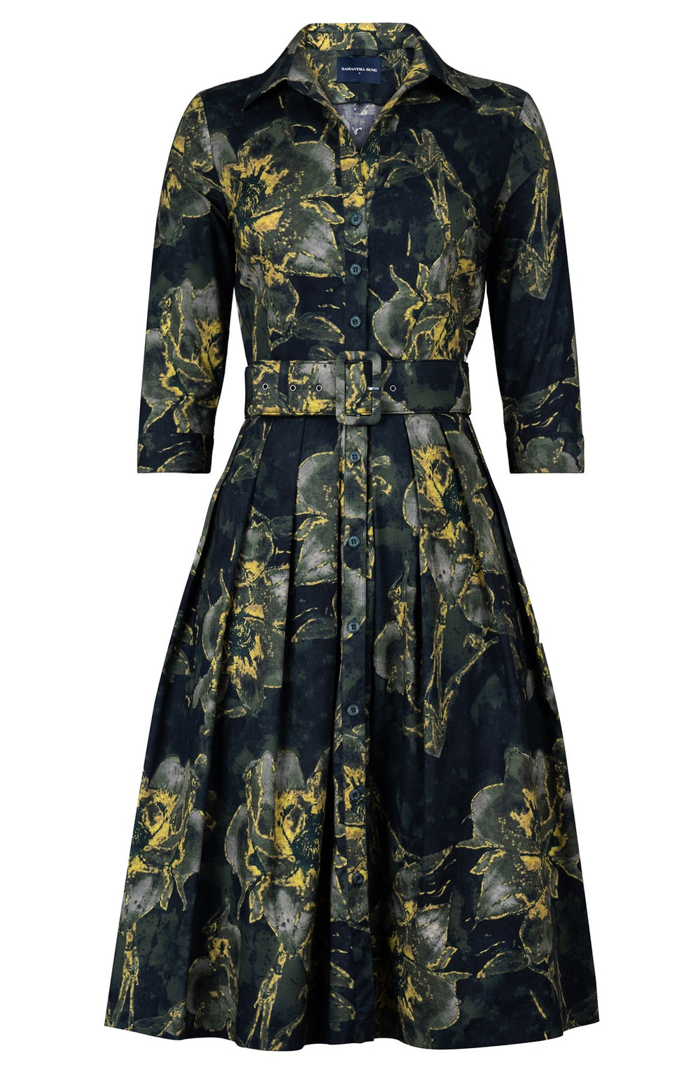 Audrey Dress #1 Shirt Collar 3/4 Sleeve Long Length Cotton Stretch (Grey Dry Magnolia)