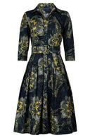 Audrey Dress #1 Shirt Collar 3/4 Sleeve Long Length Cotton Stretch (Grey Dry Magnolia)