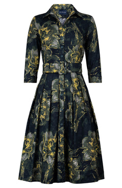 Audrey Dress #1 Shirt Collar 3/4 Sleeve Long Length Cotton Stretch (Grey Dry Magnolia)