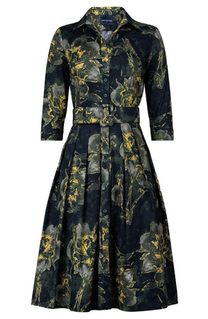 Audrey Dress #1 Shirt Collar 3/4 Sleeve Long Length Cotton Stretch (Grey Dry Magnolia)