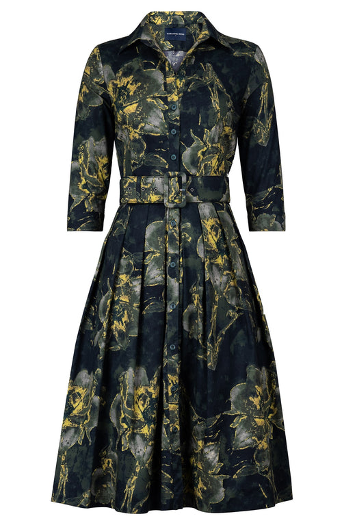 Audrey Dress #1 Shirt Collar 3/4 Sleeve Long Length Cotton Stretch (Grey Dry Magnolia)