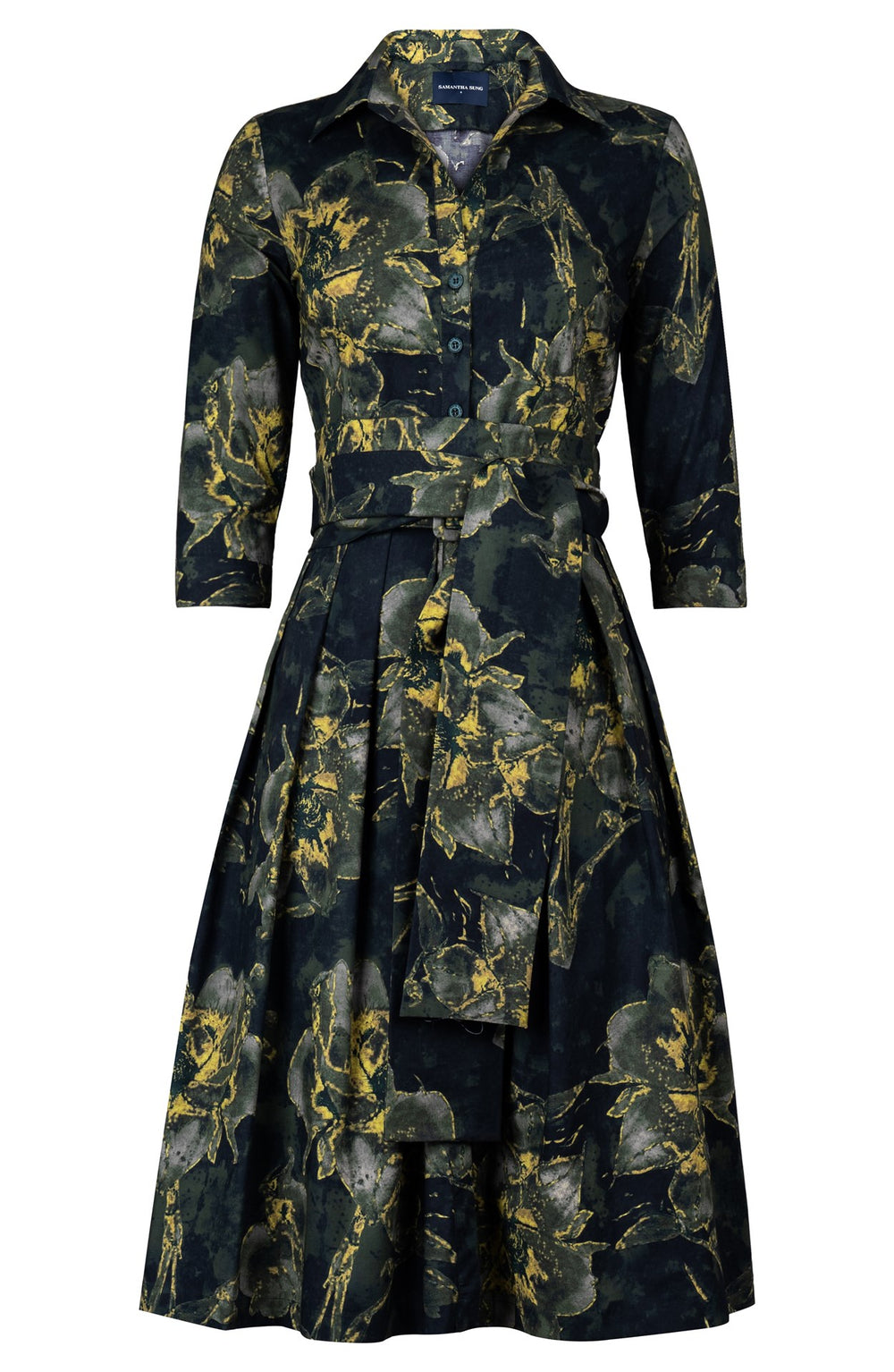 Audrey Dress #1 Shirt Collar 3/4 Sleeve Long Length Cotton Stretch (Grey Dry Magnolia)
