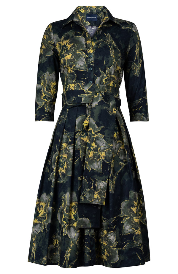 Audrey Dress #1 Shirt Collar 3/4 Sleeve Long Length Cotton Stretch (Grey Dry Magnolia)
