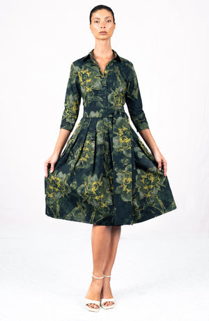 Audrey Dress #1 Shirt Collar 3/4 Sleeve Long Length Cotton Stretch (Grey Dry Magnolia)