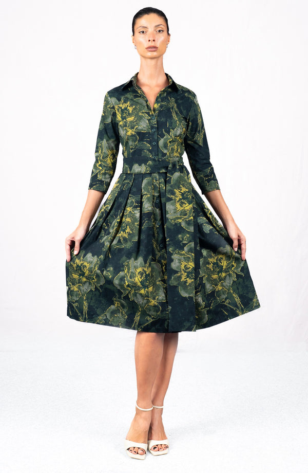 Audrey Dress #1 Shirt Collar 3/4 Sleeve Long Length Cotton Stretch (Grey Dry Magnolia)