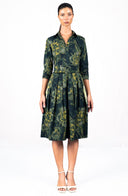 Audrey Dress #1 Shirt Collar 3/4 Sleeve Long Length Cotton Stretch (Grey Dry Magnolia)