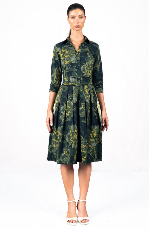 Audrey Dress #1 Shirt Collar 3/4 Sleeve Long Length Cotton Stretch (Grey Dry Magnolia)