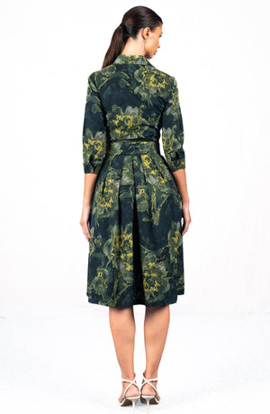 Audrey Dress #1 Shirt Collar 3/4 Sleeve Long Length Cotton Stretch (Grey Dry Magnolia)