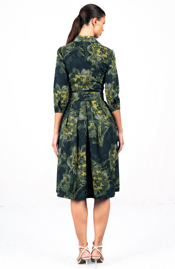 Audrey Dress #1 Shirt Collar 3/4 Sleeve Long Length Cotton Stretch (Grey Dry Magnolia)