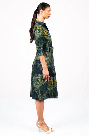 Audrey Dress #1 Shirt Collar 3/4 Sleeve Long Length Cotton Stretch (Grey Dry Magnolia)