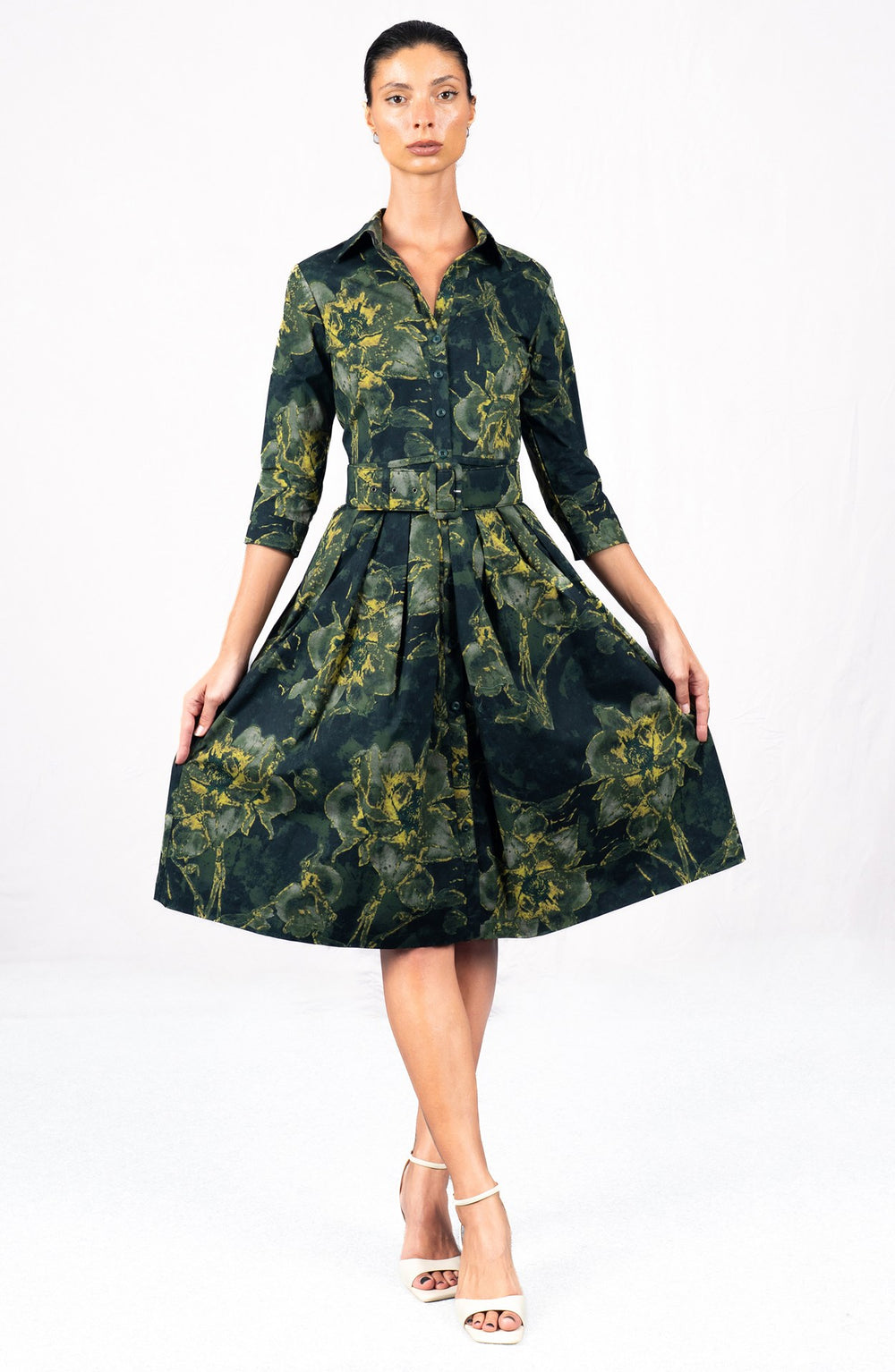 Audrey Dress #1 Shirt Collar 3/4 Sleeve Long Length Cotton Stretch (Grey Dry Magnolia)