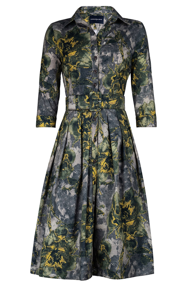 Audrey Dress #1 Shirt Collar 3/4 Sleeve Long Length Cotton Stretch (Grey Dry Magnolia)