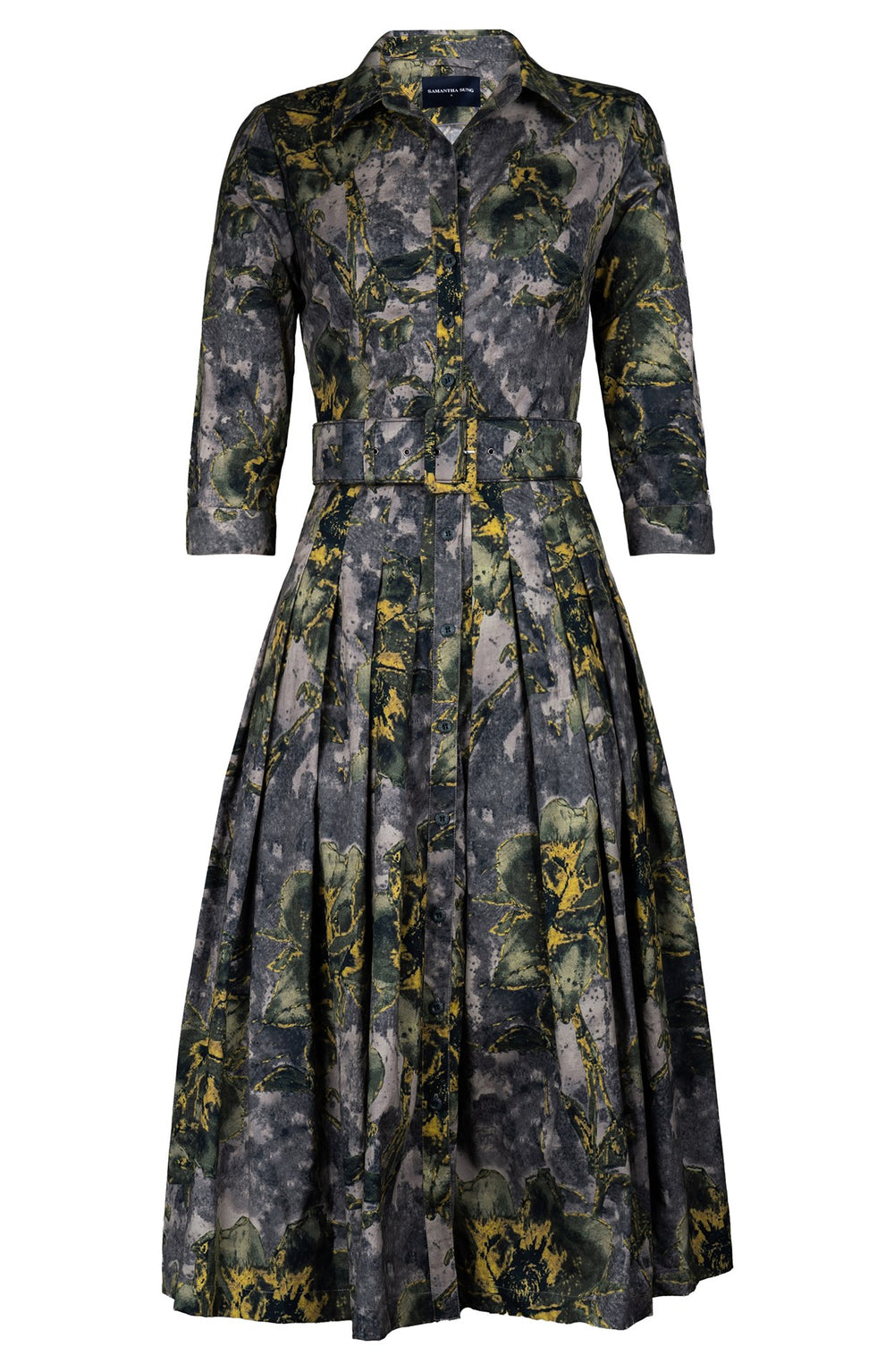 Audrey Dress #2 Shirt Collar 3/4 Sleeve Midi Length Cotton Stretch (Grey Dry Magnolia)