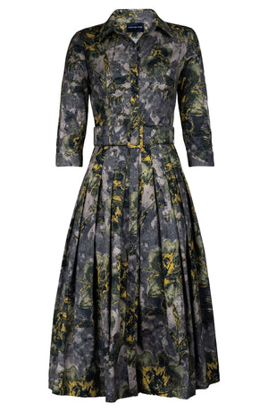 Audrey Dress #2 Shirt Collar 3/4 Sleeve Midi Length Cotton Stretch (Grey Dry Magnolia)
