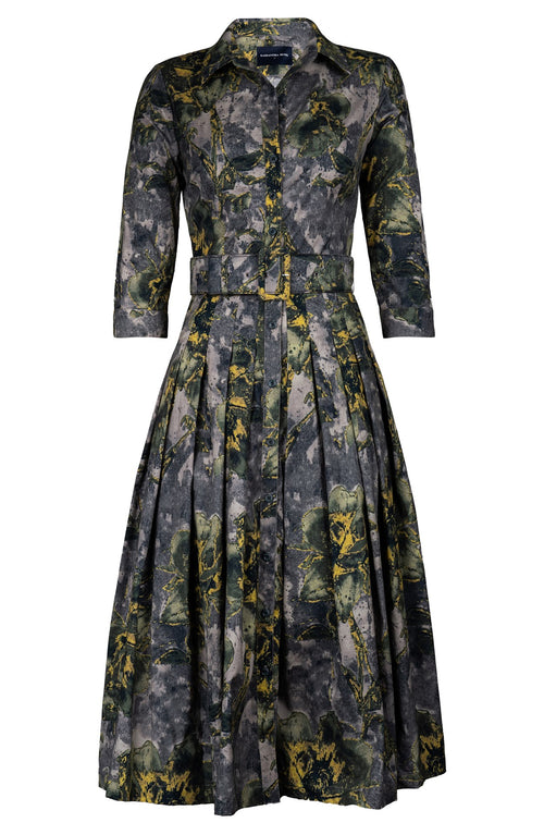 Audrey Dress #2 Shirt Collar 3/4 Sleeve Midi Length Cotton Stretch (Grey Dry Magnolia)