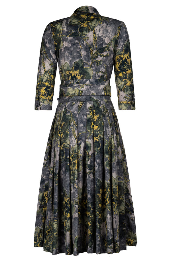 Audrey Dress #2 Shirt Collar 3/4 Sleeve Midi Length Cotton Stretch (Grey Dry Magnolia)
