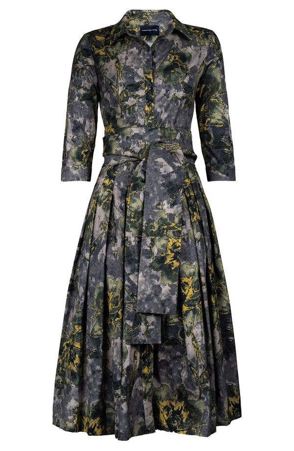 Audrey Dress #2 Shirt Collar 3/4 Sleeve Midi Length Cotton Stretch (Grey Dry Magnolia)