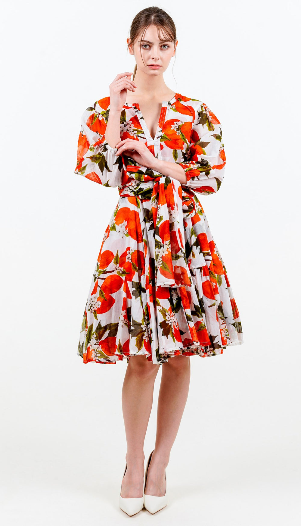 Birdy Dress #2 Crew Neck Slit 3/4 Puff Sleeve Petite Length Cotton Musola (Lemon Original)