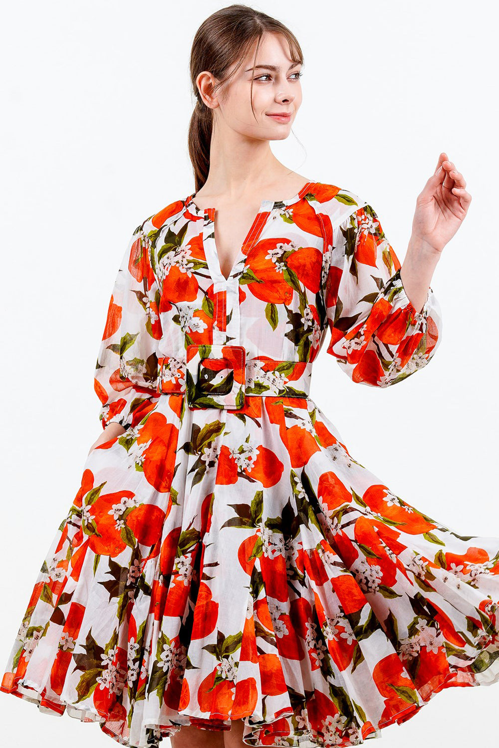 Birdy Dress #2 Crew Neck Slit 3/4 Puff Sleeve Petite Length Cotton Musola (Lemon Original)