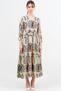 Melanie Dress #2 Crew Neck 3/4 Sleeve Midi Plus Length Linen (Suzani Ferns)