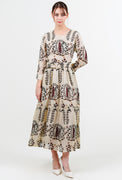 Melanie Dress #2 Crew Neck 3/4 Sleeve Midi Plus Length Linen (Suzani Ferns)