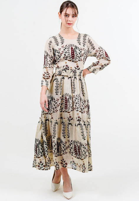 Melanie Dress #2 Crew Neck 3/4 Sleeve Midi Plus Length Linen (Suzani Ferns)