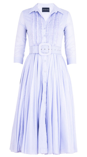 Aster Dress Shirt Collar Ruffle #2 3/4 Sleeve Midi Length Cotton Musola (Hairline Stripe)