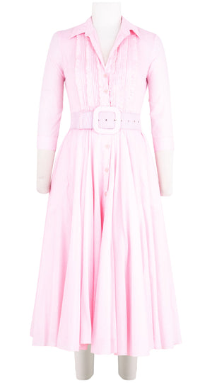 Aster Dress Shirt Collar Ruffle #2 3/4 Sleeve Midi Length Cotton Musola (Hairline Stripe)