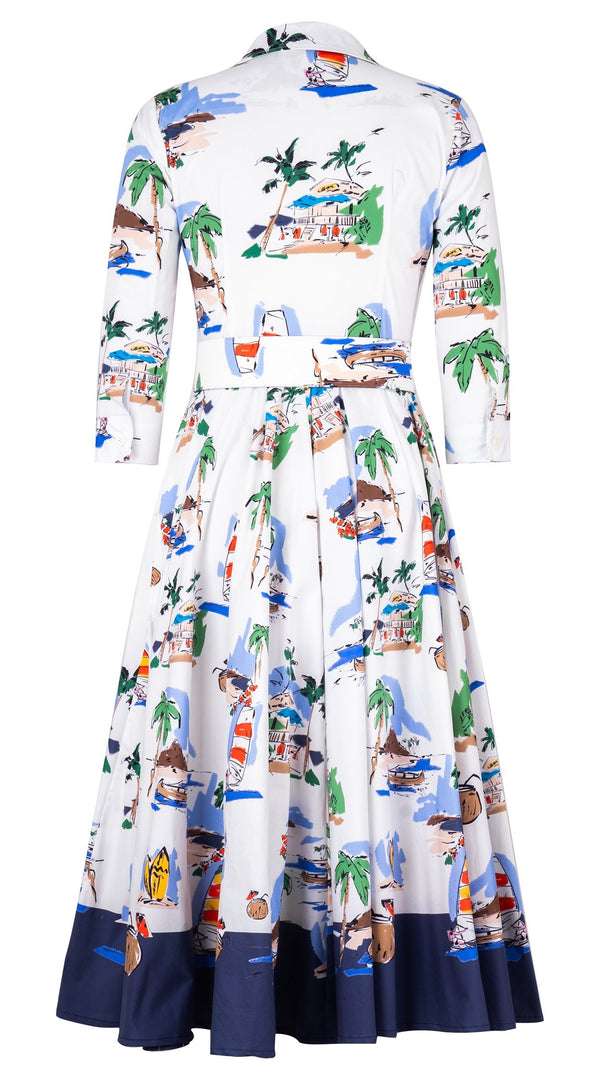 Abelia Dress Shirt Collar 3/4 Sleeve Midi Length Cotton Stretch (Hawaiian Souvenir)